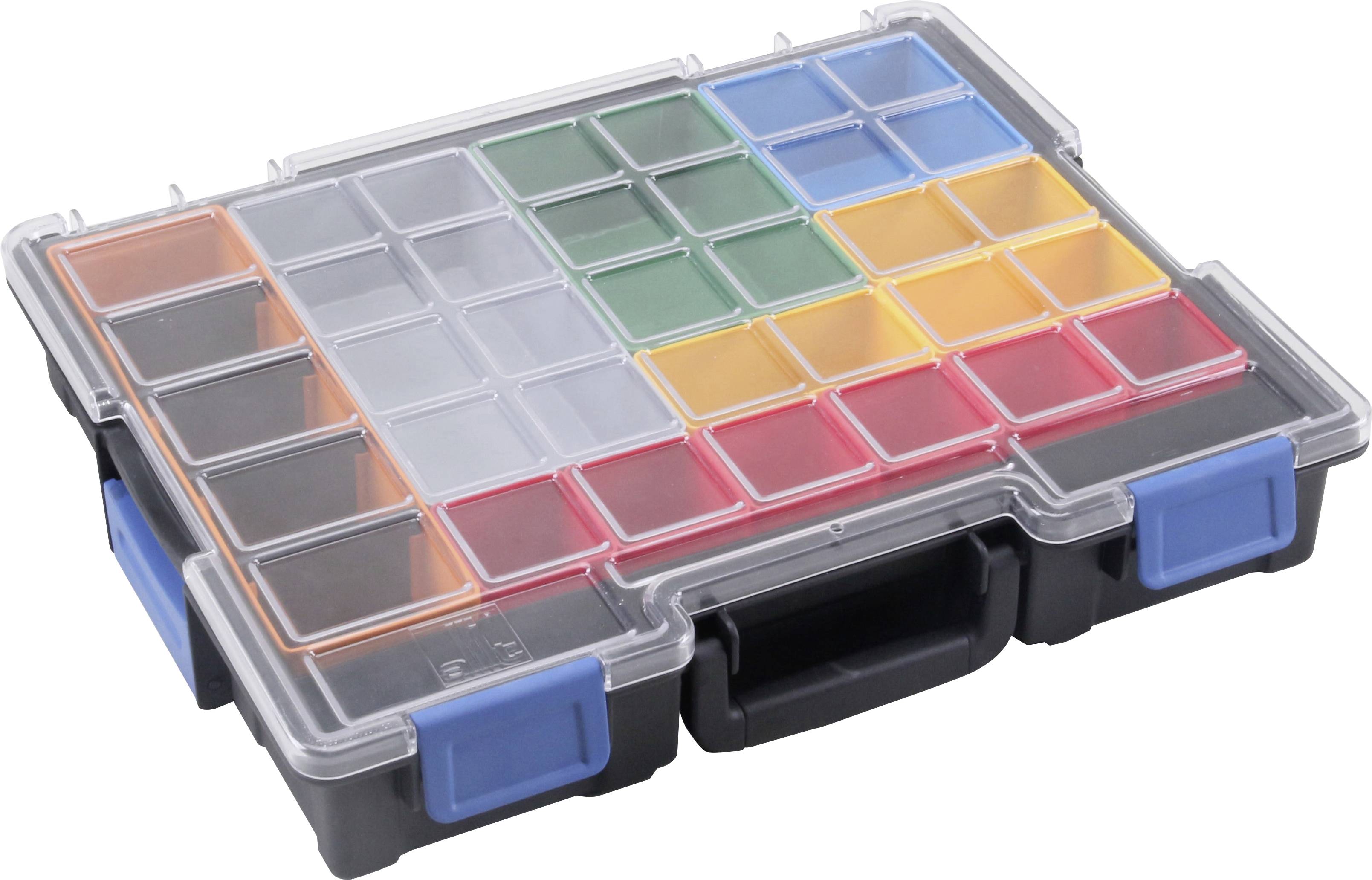 Plastikowy pojemnik z przezroczystą pokrywą, wypełniony kolorowymi, kwadratowymi przegródkami przeznaczonymi do przechowywania małych przedmiotów.