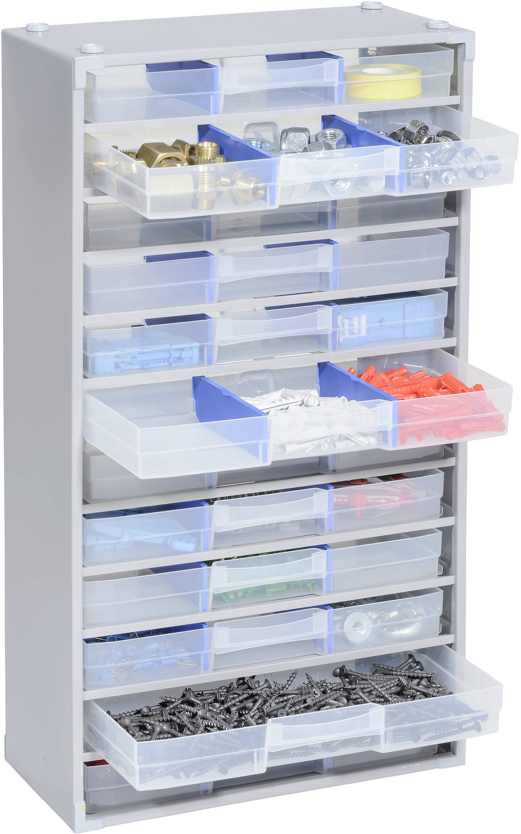 Szara szafka z wieloma przezroczystymi szufladami, wypełniona różnymi drobiazgami, takimi jak śruby, nakrętki i zaciski kablowe.