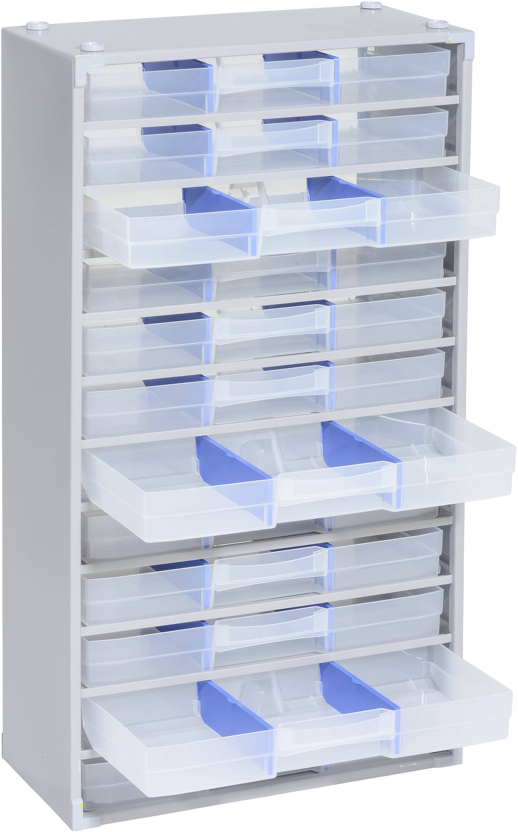 Szary system regałowy z wieloma przezroczystymi szufladami. Niektóre szuflady są otwarte i ukazują niebieskie przegrody.