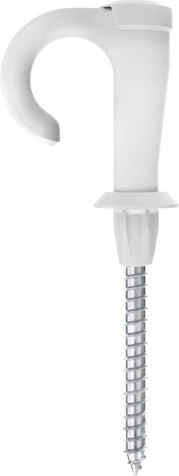 Biały hak wkręcany z długą, spiralnie ukształtowaną metalową częścią. Służy do mocowania w ścianach lub sufitach.
