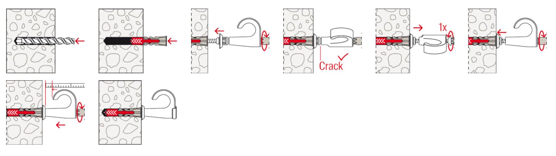 Diagram przedstawia kroki mocowania haka w ścianie betonowej za pomocą kołka rozporowego. Ilustruje wiercenie, wprowadzanie kołka i mocowanie haka.