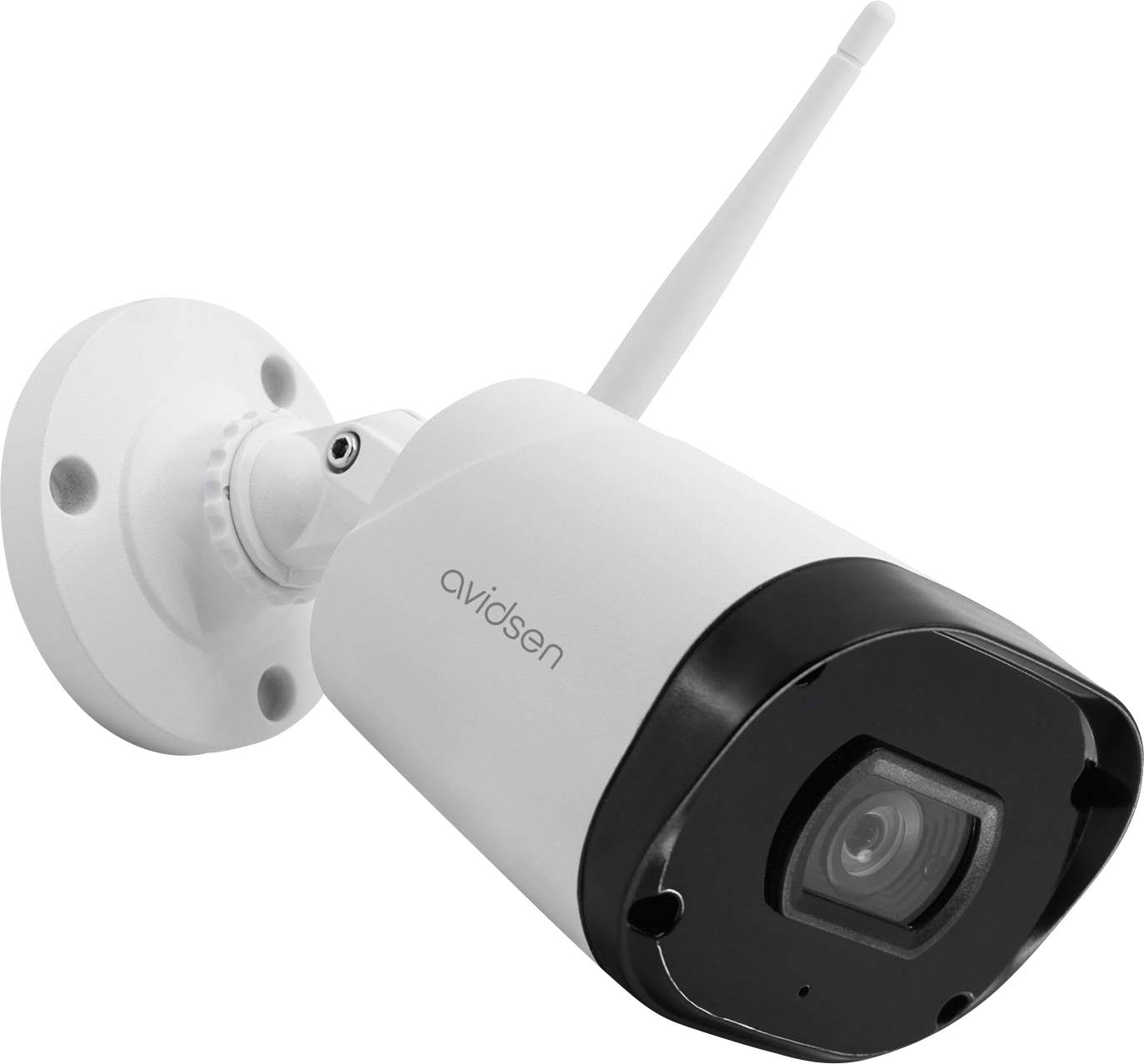 Biała kamera monitoringu z anteną zamontowana na ścianie; widoczna nazwa modelu 'avidsen'.