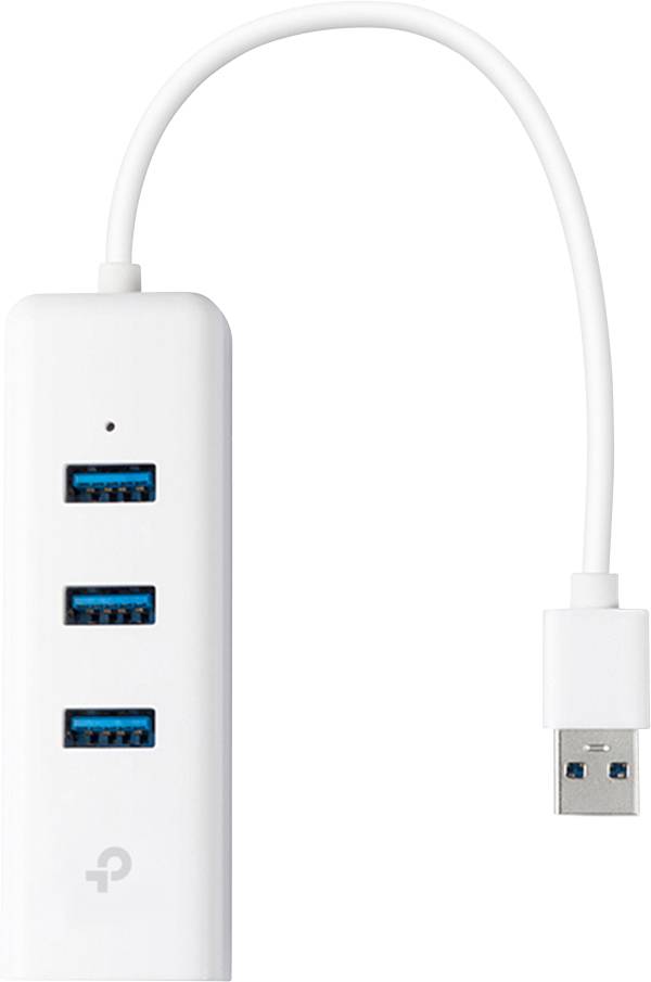Biały hub USB z przewodem i wtyczką, wyposażony w trzy porty USB umożliwiające rozszerzenie dostępnych opcji podłączenia.
