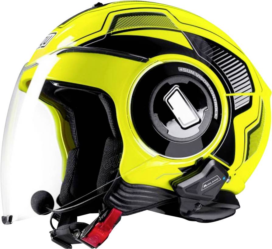 Żółty kask motocyklowy z zintegrowaną przyłbicą i czarnym wzorem. Wyposażony w jednostkę sterowania dźwiękiem z boku.