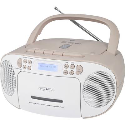 Przenośne radio z odtwarzaczem kaset i płyt CD. Wyświetlacz pokazuje 'Welcome to DAB'. Widoczne są dwa głośniki i antena.