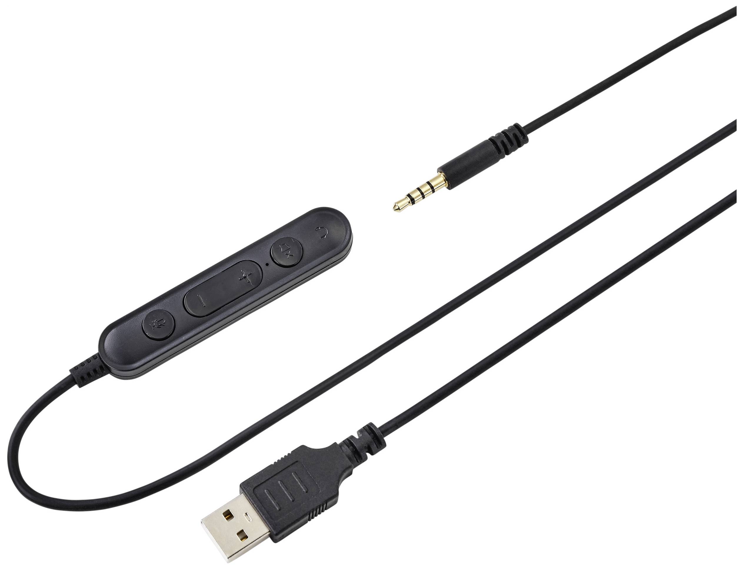 Czarny kabel audio do zestawu słuchawkowego z regulacją głośności, złączem USB i wtyczką 3,5 mm.