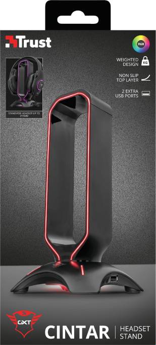 Stojak na słuchawki Trust Cintar z podświetleniem RGB i dwoma portami USB, w czarnym designie z antypoślizgową powierzchnią.