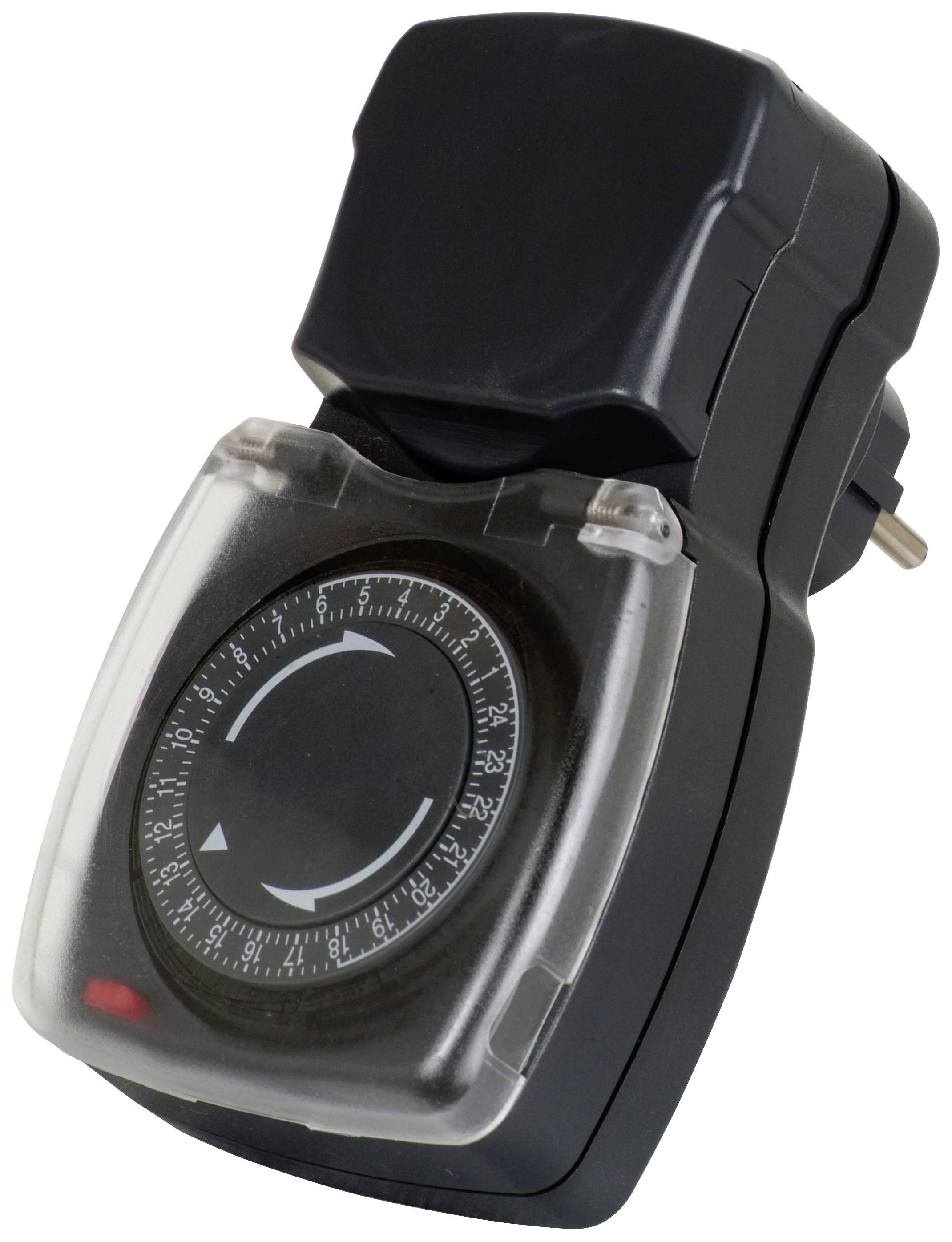 Czarna mechaniczna czasomierz z wtykowym przyłączem elektrycznym i obrotową tarczą, zabezpieczona przezroczystą pokrywą.