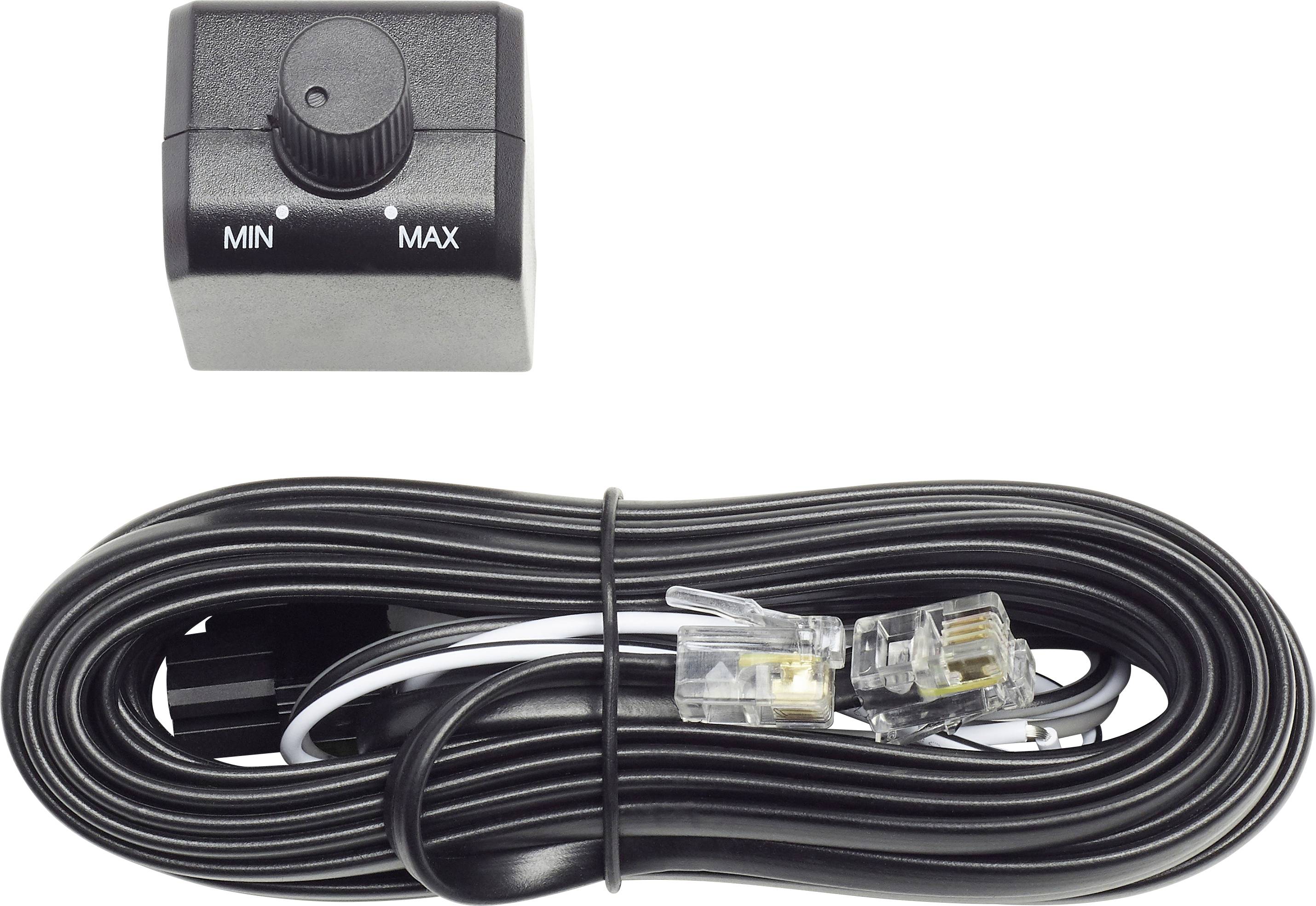 Czarny regulator z podziałką od MIN do MAX oraz długi, zwinięty kabel z wtyczkami RJ.