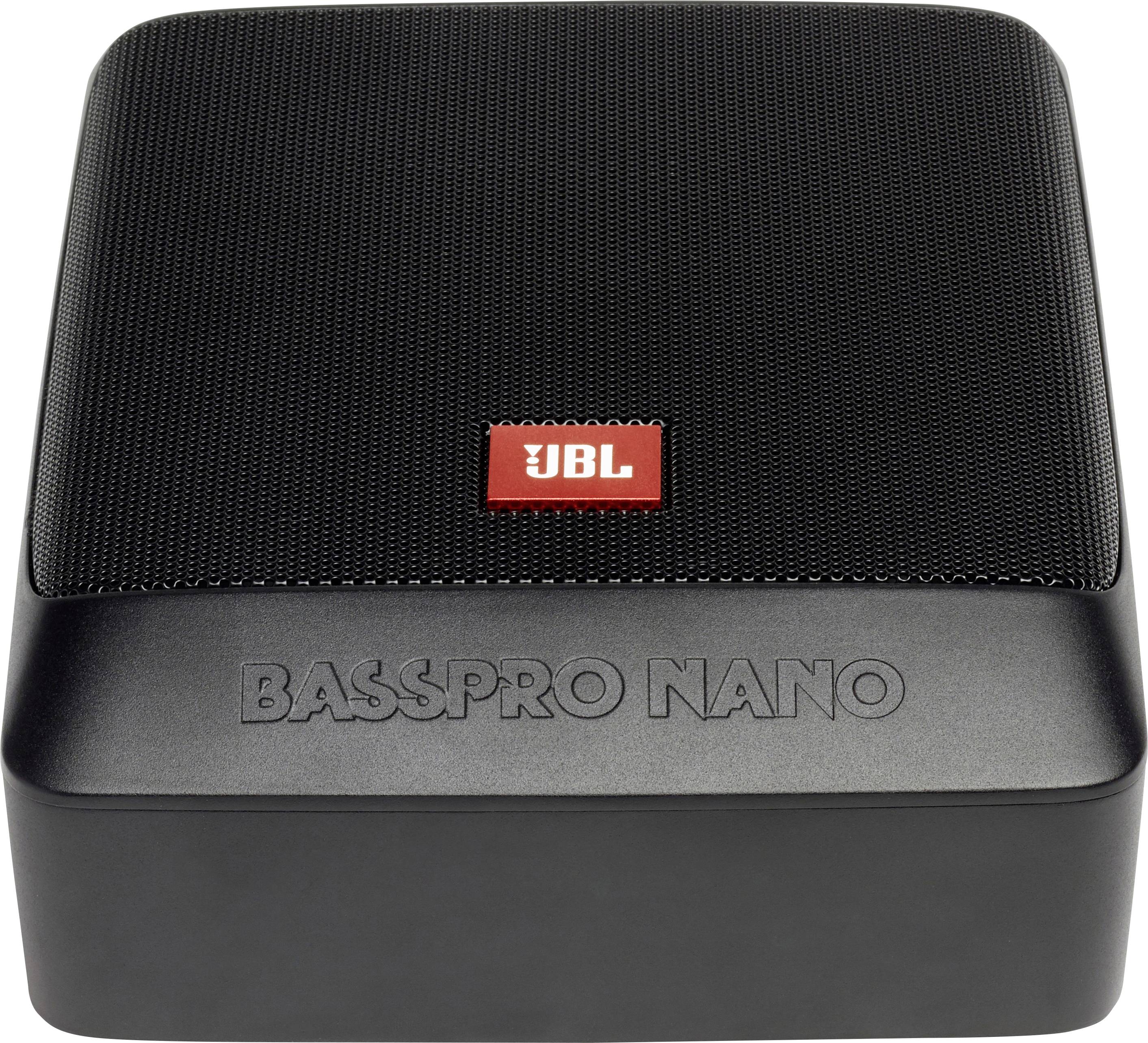 Czarny subwoofer JBL BassPro Nano z czerwonym logo na froncie, kompaktowy design do potężnego basu w małych pomieszczeniach.
