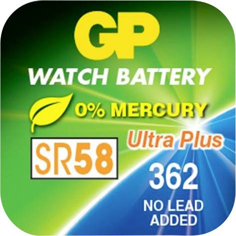 Bateria zegarkowa GP Battery SR58, 0% rtęci, Ultra Plus, typ 362, bez dodatku ołowiu. Zielone tło z motywem liścia i światła.