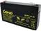 Czarna, prostokątna bateria ołowiowo-kwasowa o napięciu 6V i pojemności 1,2Ah z żółtym oznakowaniem. Widoczna nazwa marki oraz symbol recyklingu.