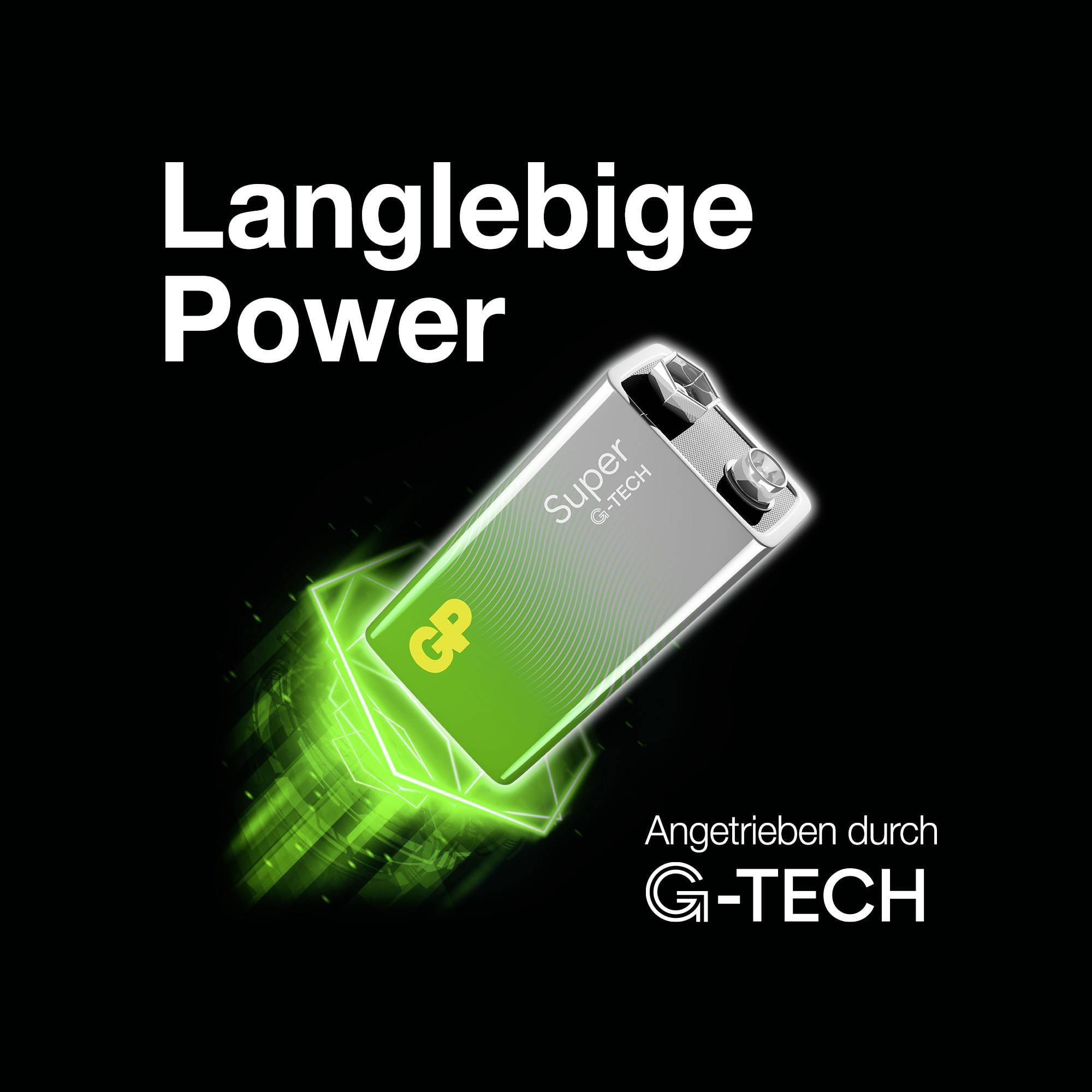 Bateria z napisem 'Długotrwała moc'. Prezentuje logo G-TECH i wskazówkę dotyczącą technologii Super-GP. Jasna poświata symbolizuje energię.