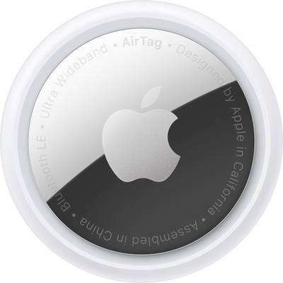 Okrągły tracker AirTag firmy Apple z matowym logo, metaliczną powierzchnią oraz napisami 'Ultra Wideband' i 'Bluetooth LE'.