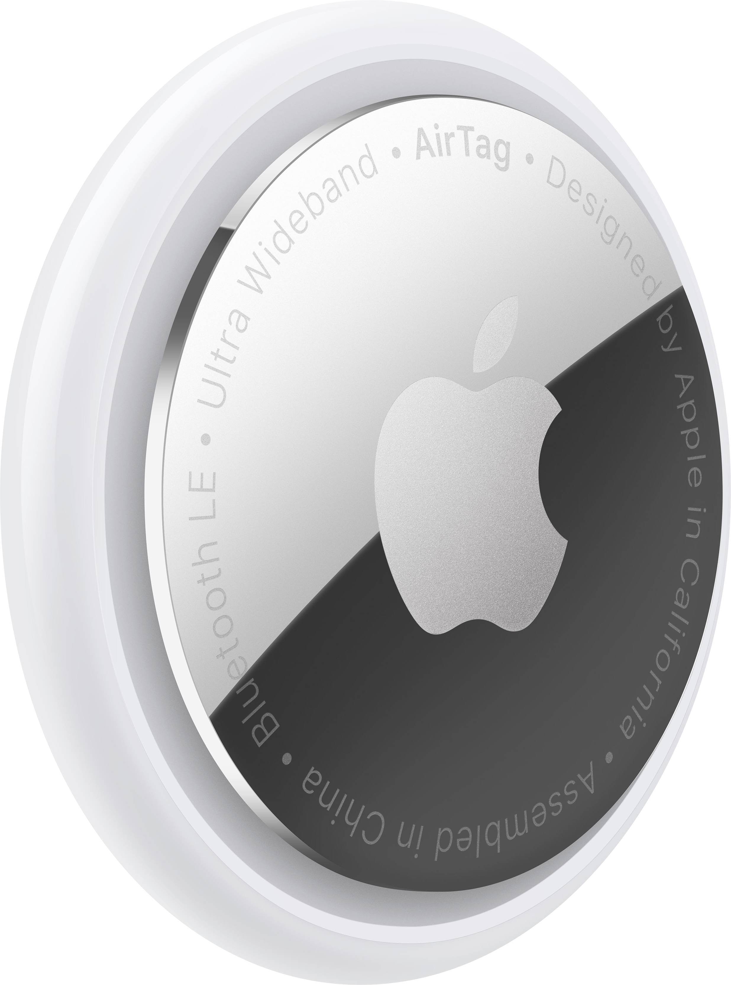Okrągłe srebrne urządzenie z wygrawerowanym logo jabłka. Tekst na krawędzi: 'Ultra Wideband', 'AirTag', 'Zaprojektowane przez Apple w Kalifornii'.
