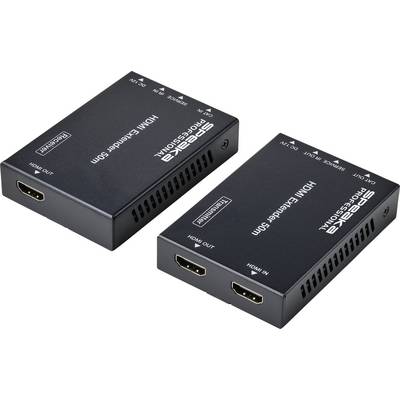 Dwa czarne przedłużacze HDMI marki SpeaKa Professional, każdy z gniazdami wejścia i wyjścia HDMI.