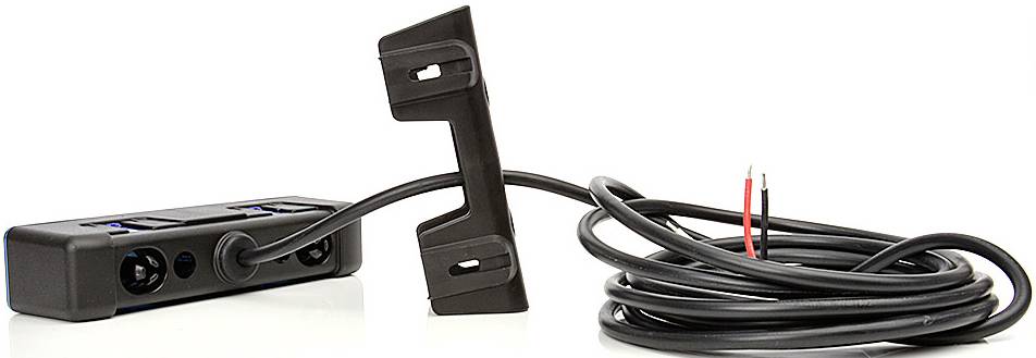 Czarna kamera z dwoma obiektywami, przewodem i uchwytem montażowym. Nadaje się do instalacji w pojazdach jako kamera cofania.