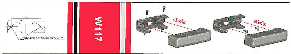Instrukcja montażu elementu 'W117' z wymiarami po lewej stronie. Ilustracje przedstawiają dwa etapy montażu; części i śruby wyróżnione.