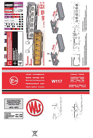 Etykieta dla modelu lampy ostrzegawczej W117 z danymi technicznymi, informacjami o producencie oraz wskazówkami montażowymi. Odpowiednia dla napięcia 12V/24V.
