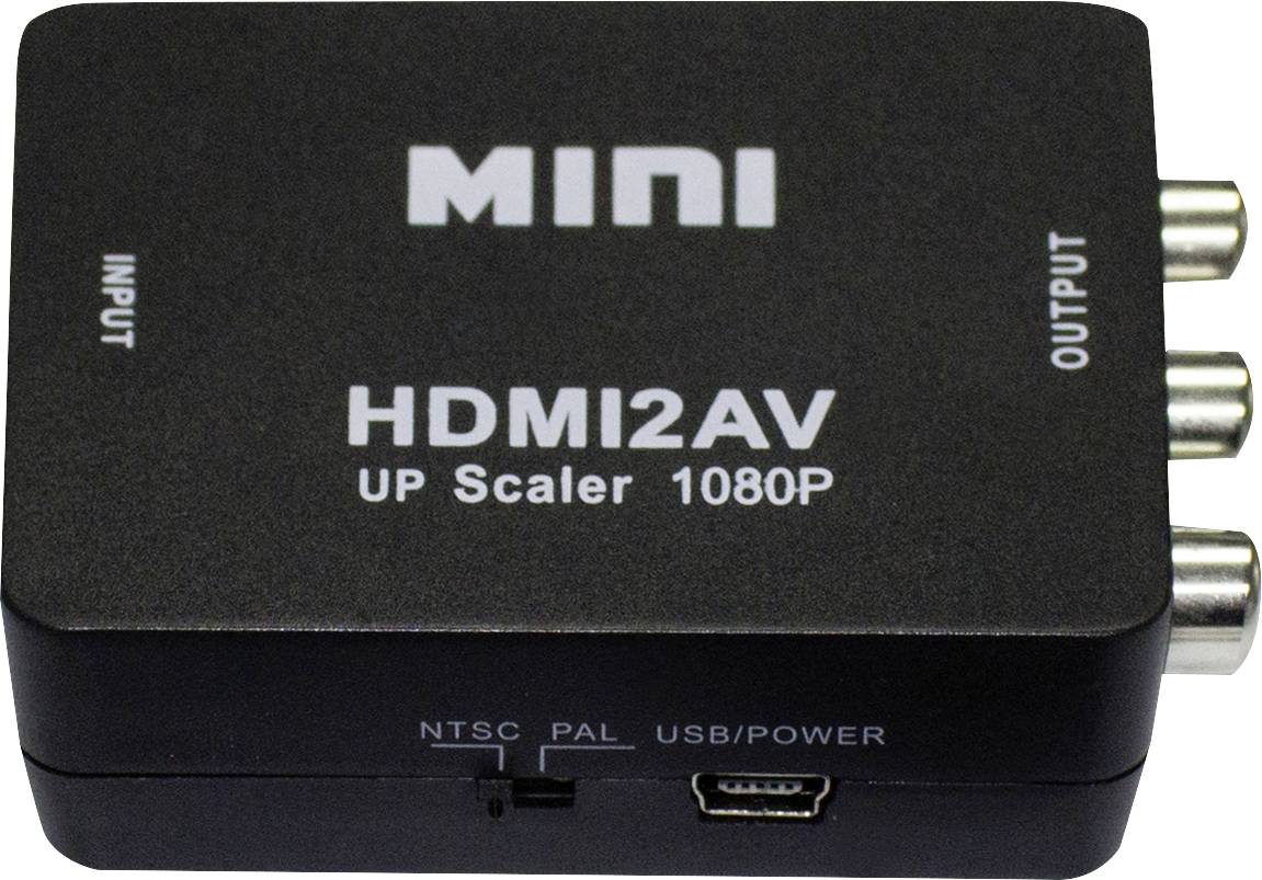 Konwerter HDMI na AV z funkcją 'MINI' i 'HDMI2AV', oferujący skalowanie do 1080P. Złącza wejścia, wyjścia oraz zasilania.