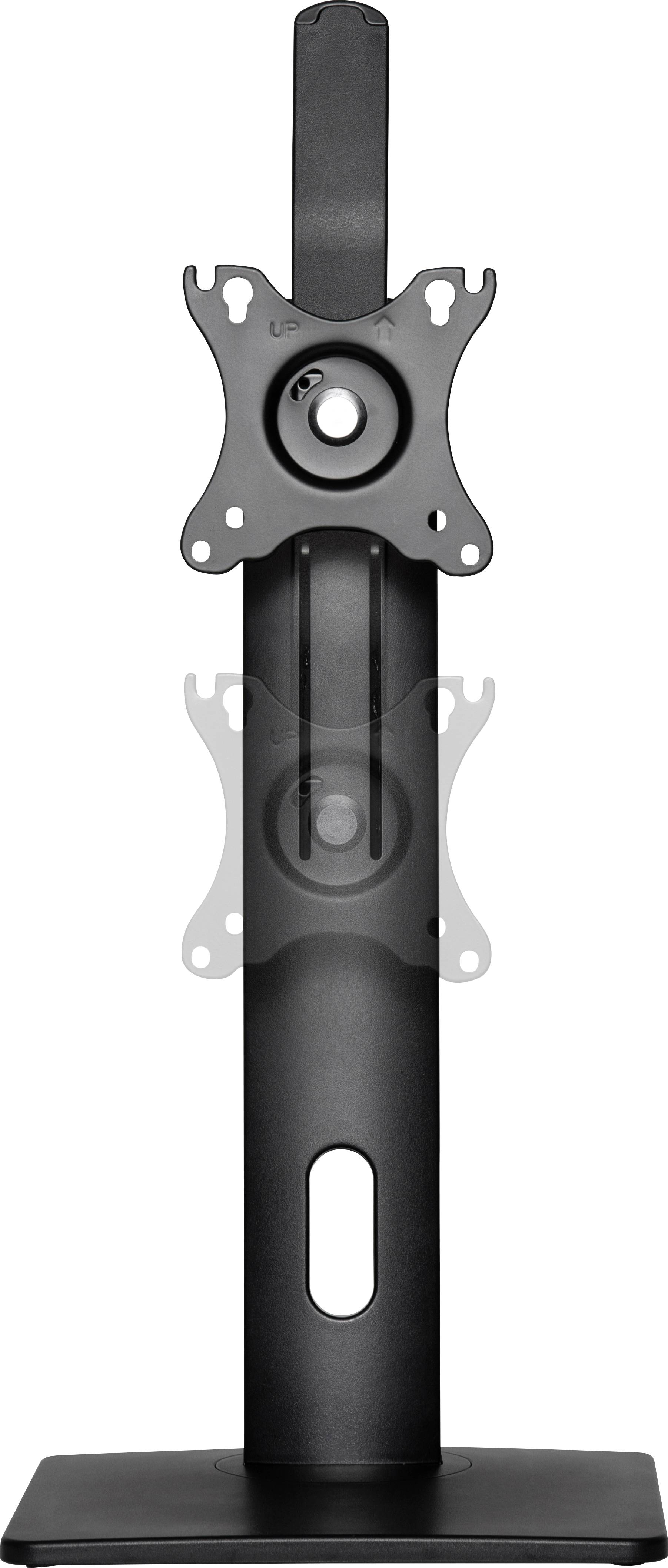 'Czarny stojak na monitor do ustawienia ekranu, z regulowanym uchwytem i prostokątną podstawą.'