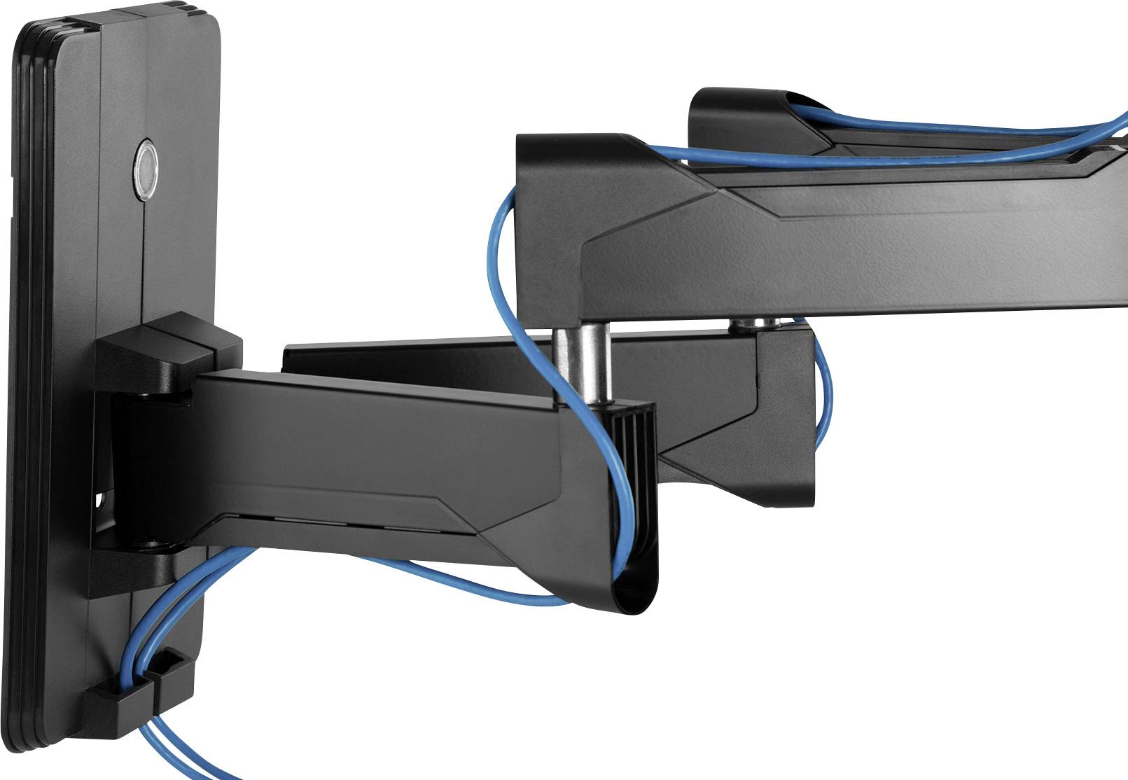 Czarna, regulowana ścienna podstawa mocująca do monitorów lub telewizorów, z niebieskimi kablami prowadzonymi przez uchwyt.