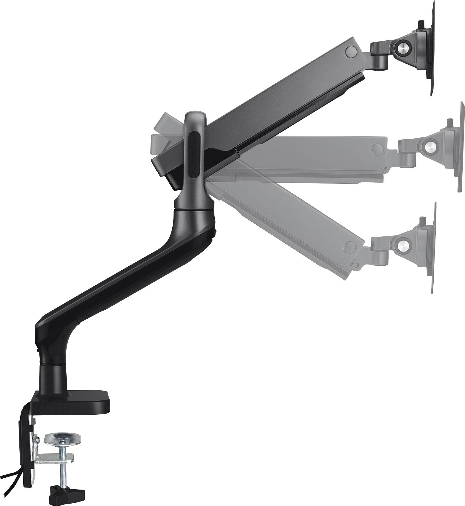 Regulowany uchwyt na monitor zamontowany na biurku, umożliwiający zmianę pozycji pod różnymi kątami. Idealny do elastycznego ustawienia ekranu.