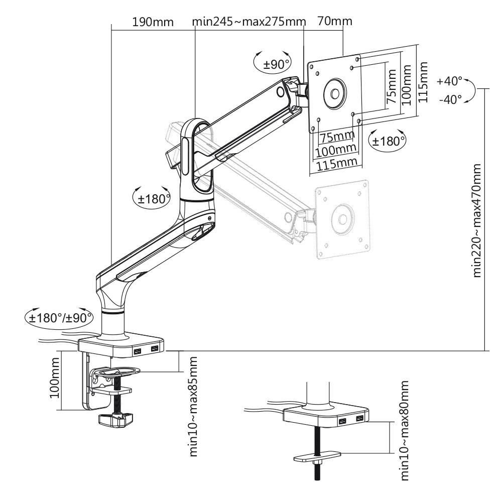 Rysunek techniczny regulowanego ramienia monitora z wymiarami: długość ramienia 190 mm, zakres zacisku 10-85 mm, wysokość 220-470 mm.