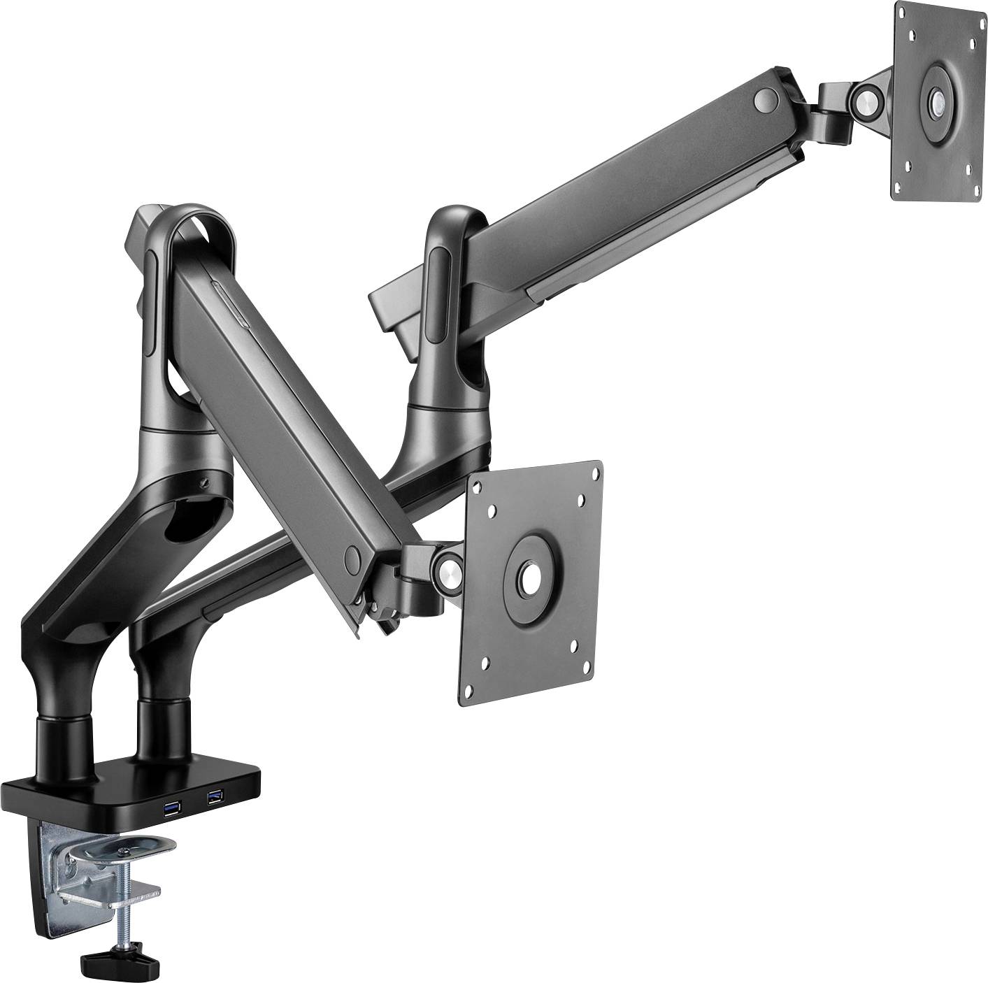 Dwa regulowane ramiona do monitorów z mocowaniem do biurka, umożliwiające elastyczne ustawienie ekranów.