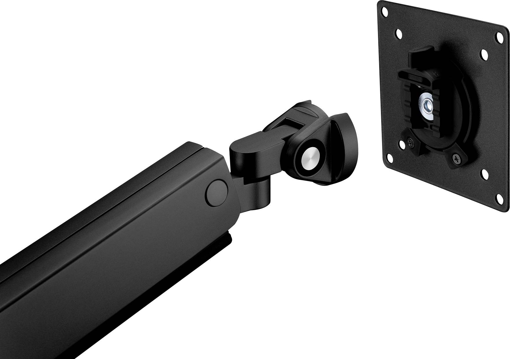 Czarny wysięgnik do monitora z przegubem, mocowany do ściany za pomocą płyty montażowej. Widoczny adapter do mocowania monitora.