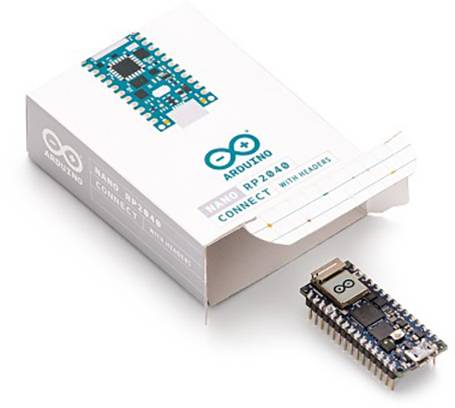 Arduino Nano RP2040 Connect mikrokontroler z otwartym opakowaniem. Płytka pokazuje kilka złączy i układ mikroprocesora.