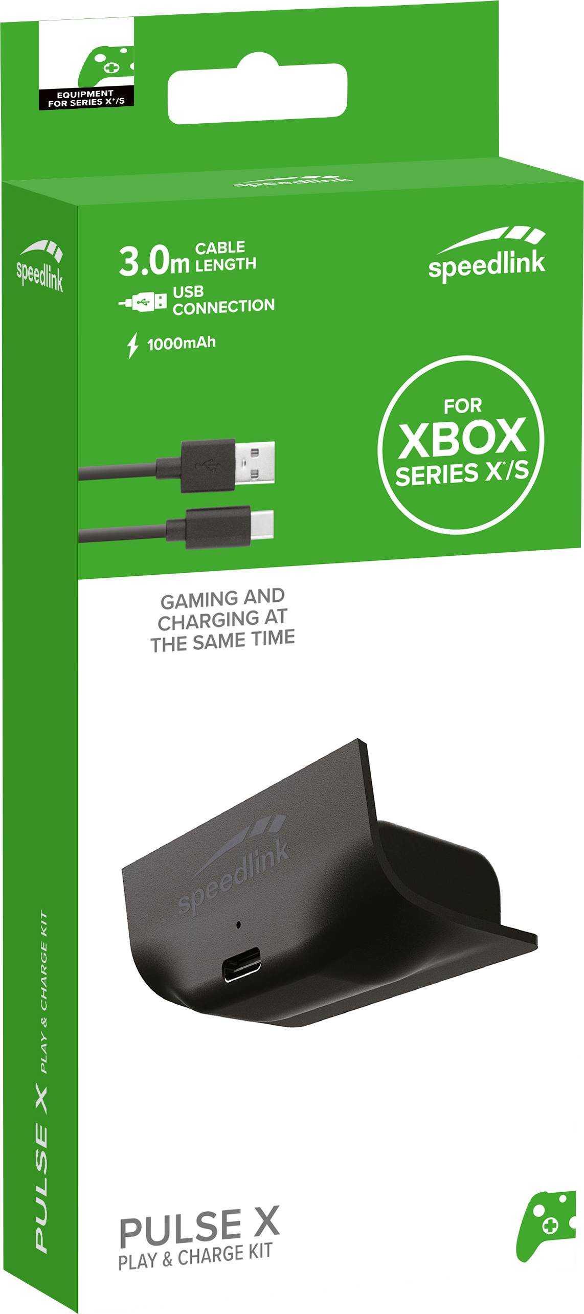 Zestaw ładujący 'Pulse X' firmy Speedlink, kompatybilny z Xbox Series X/S. Zawiera kabel USB o długości 3 m. Umożliwia jednoczesne granie i ładowanie.