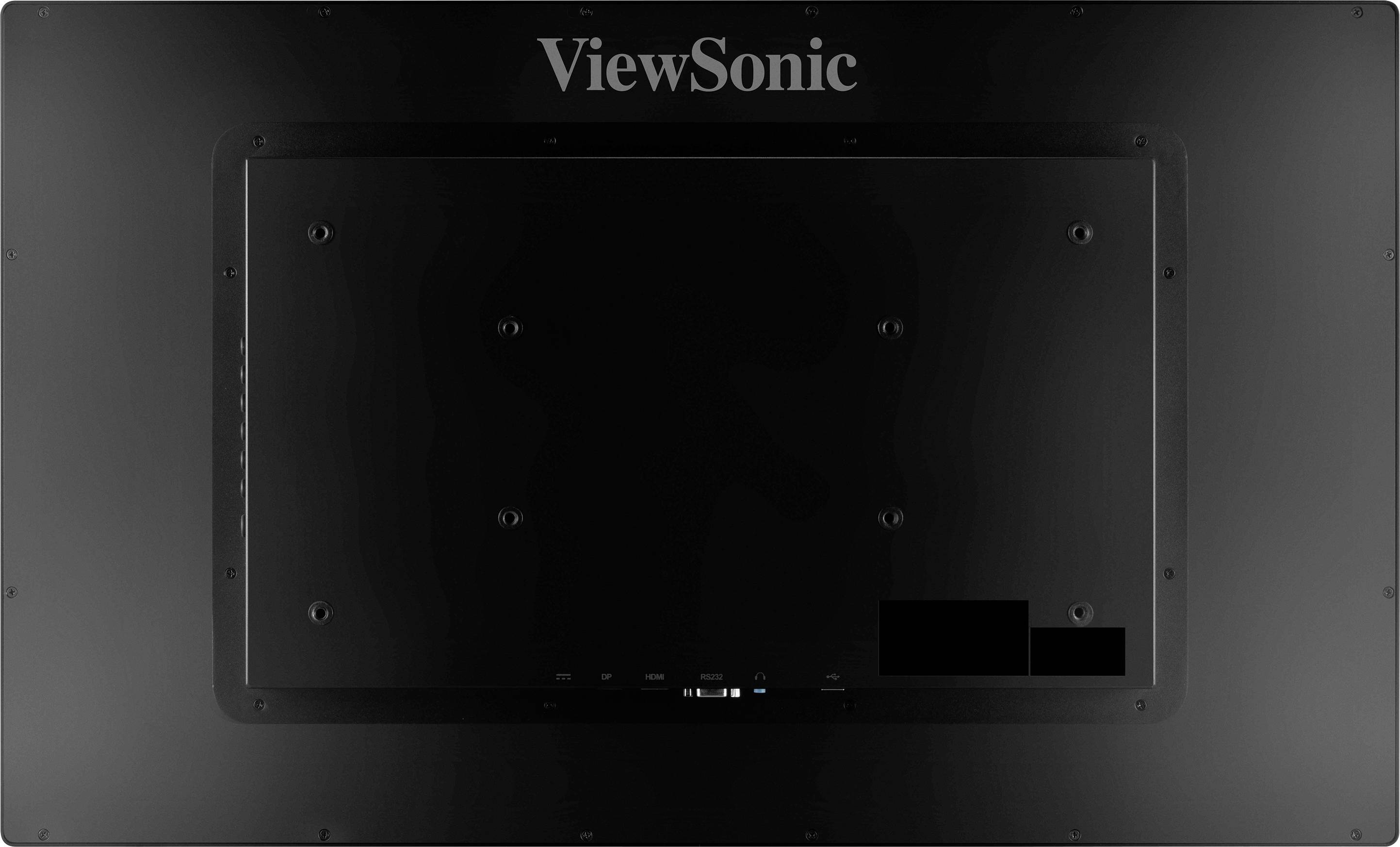 Widok z tyłu dużego monitora ViewSonic, numer modelu niewidoczny. Centralne mocowanie i złącza słabo widoczne.