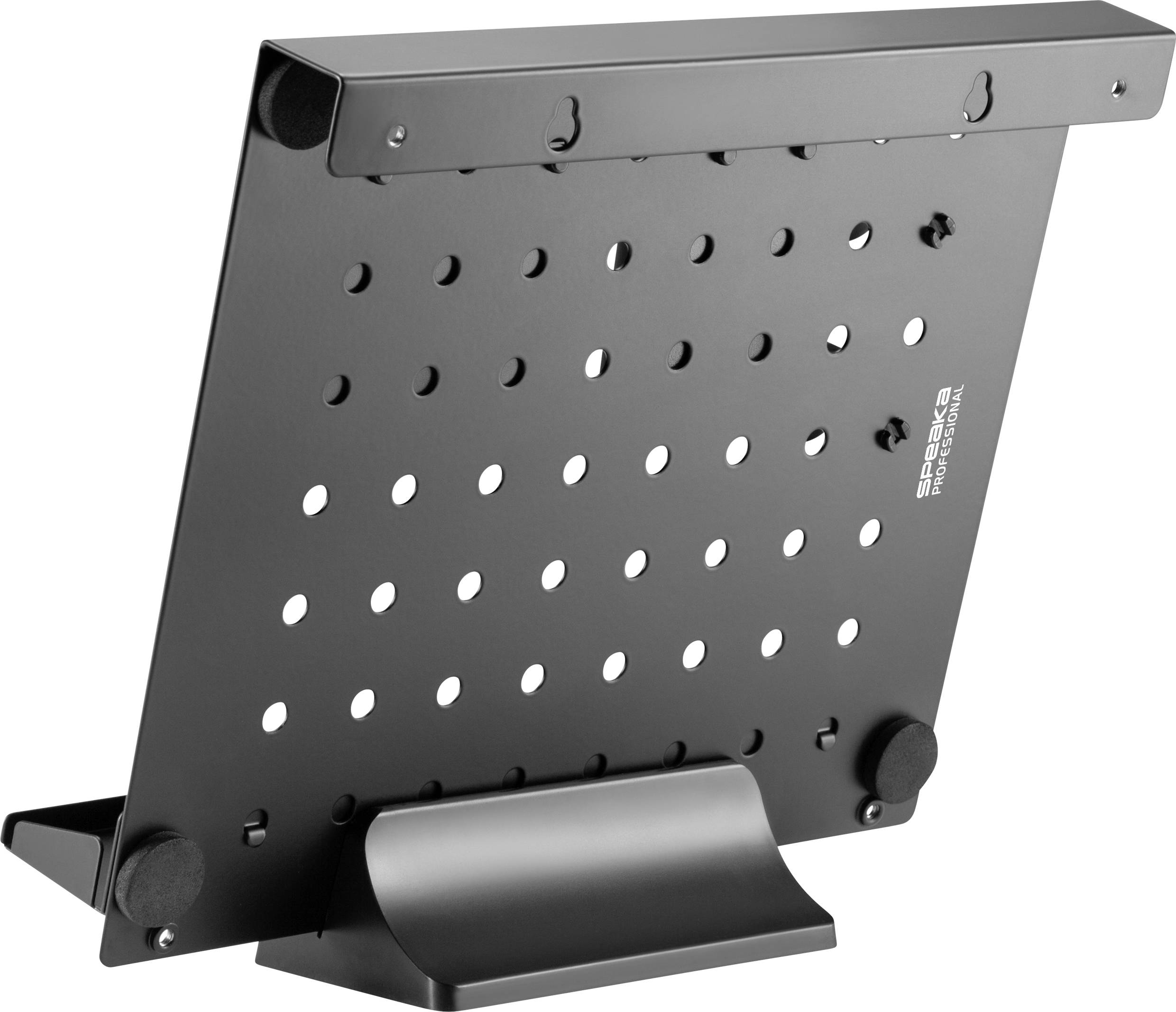 Czarny, ażurowy stojak na laptopa widziany z boku, zapewnia stabilność i wentylację. Idealny do użytku na biurku.