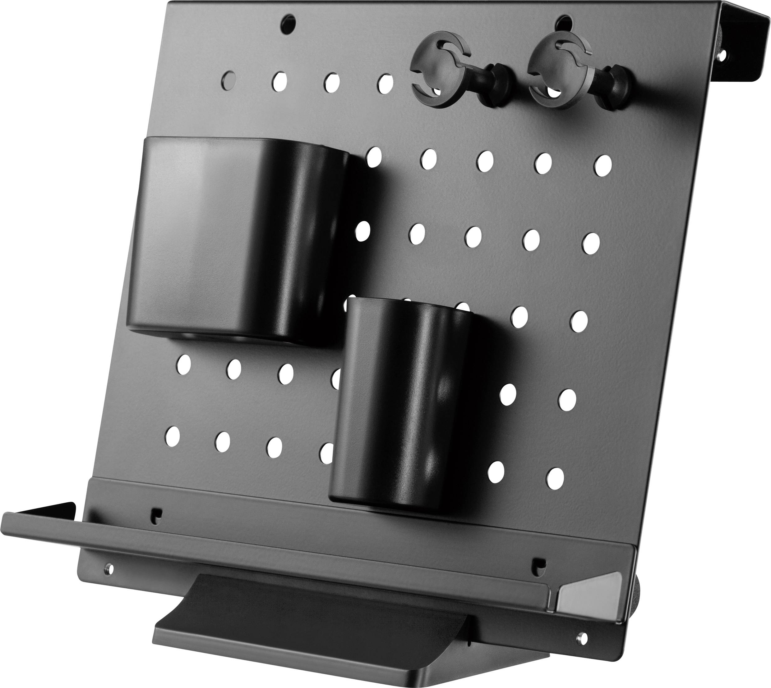 Czarna półka ścienna z perforowanym wzorem, wyposażona w dwa kubki i dwa haczyki. Idealna do przechowywania akcesoriów.