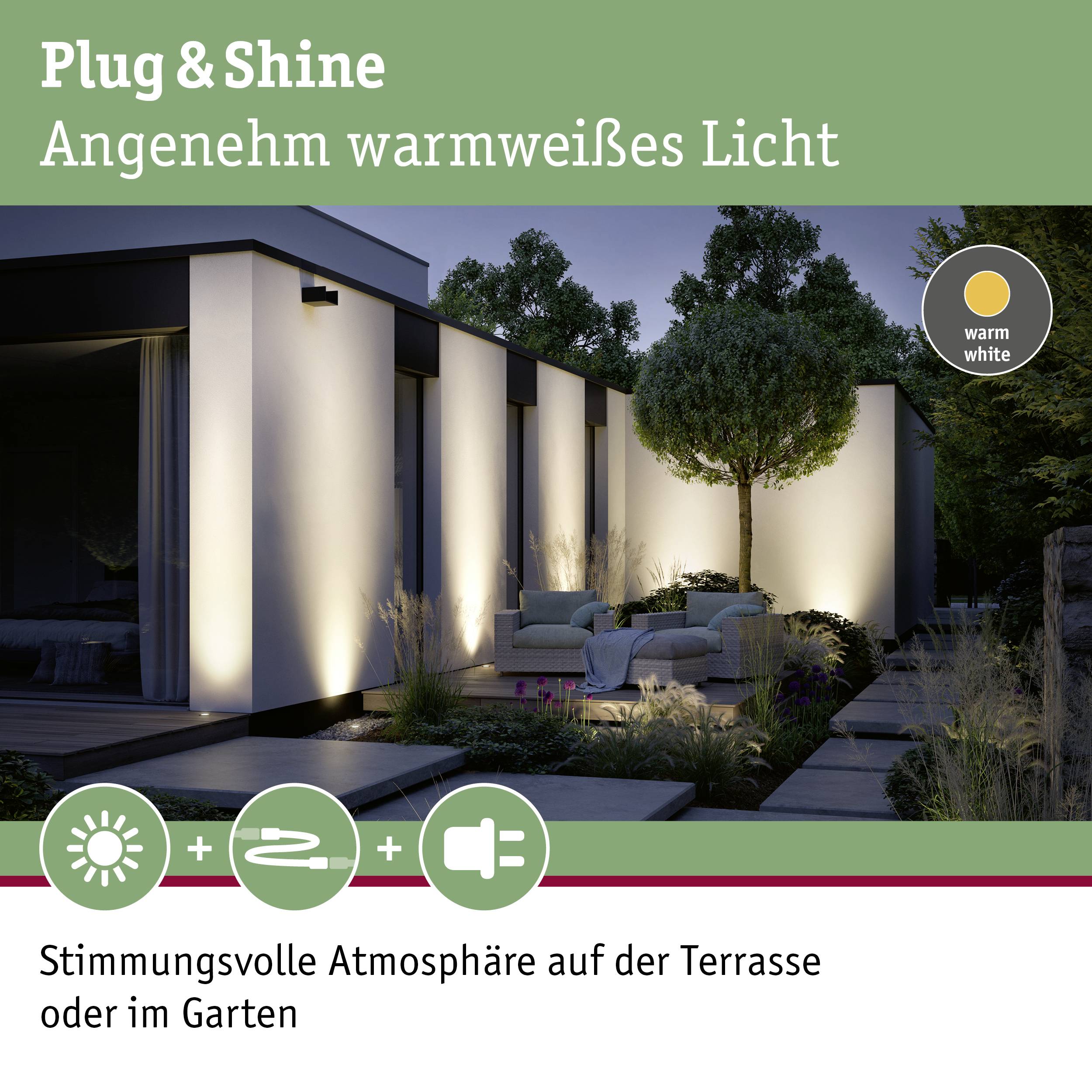 Lampy Plug & Shine oświetlają taras ciepłym białym światłem. Obok nowoczesnych mebli ogrodowych stoi drzewo.