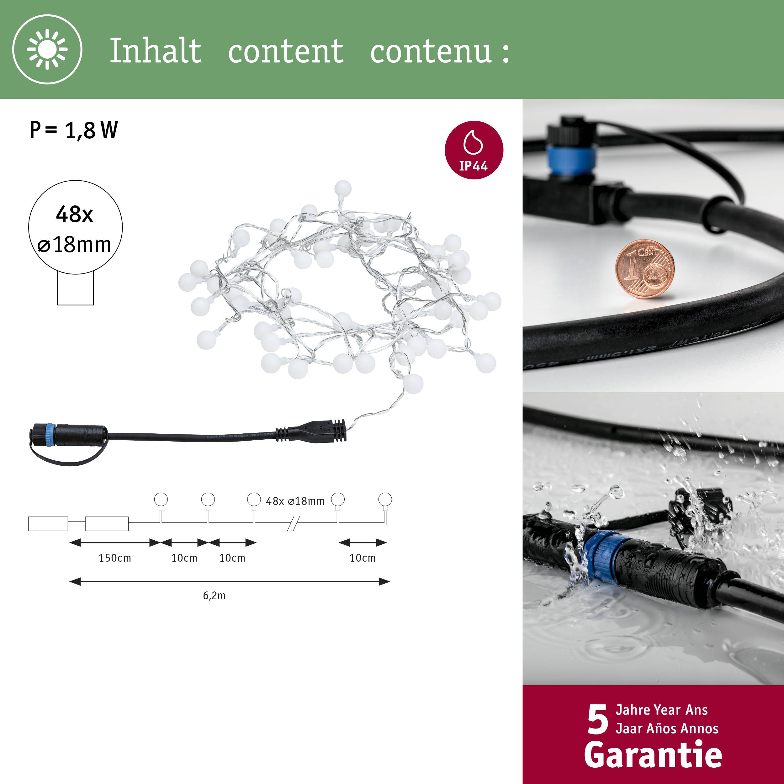 'Ilustracja przedstawia girlandę świetlną z 48 kulkami, Ø 18 mm, długość 150 cm, moc 1,8 W. Stopień ochrony IP44. 5 lat gwarancji.'
