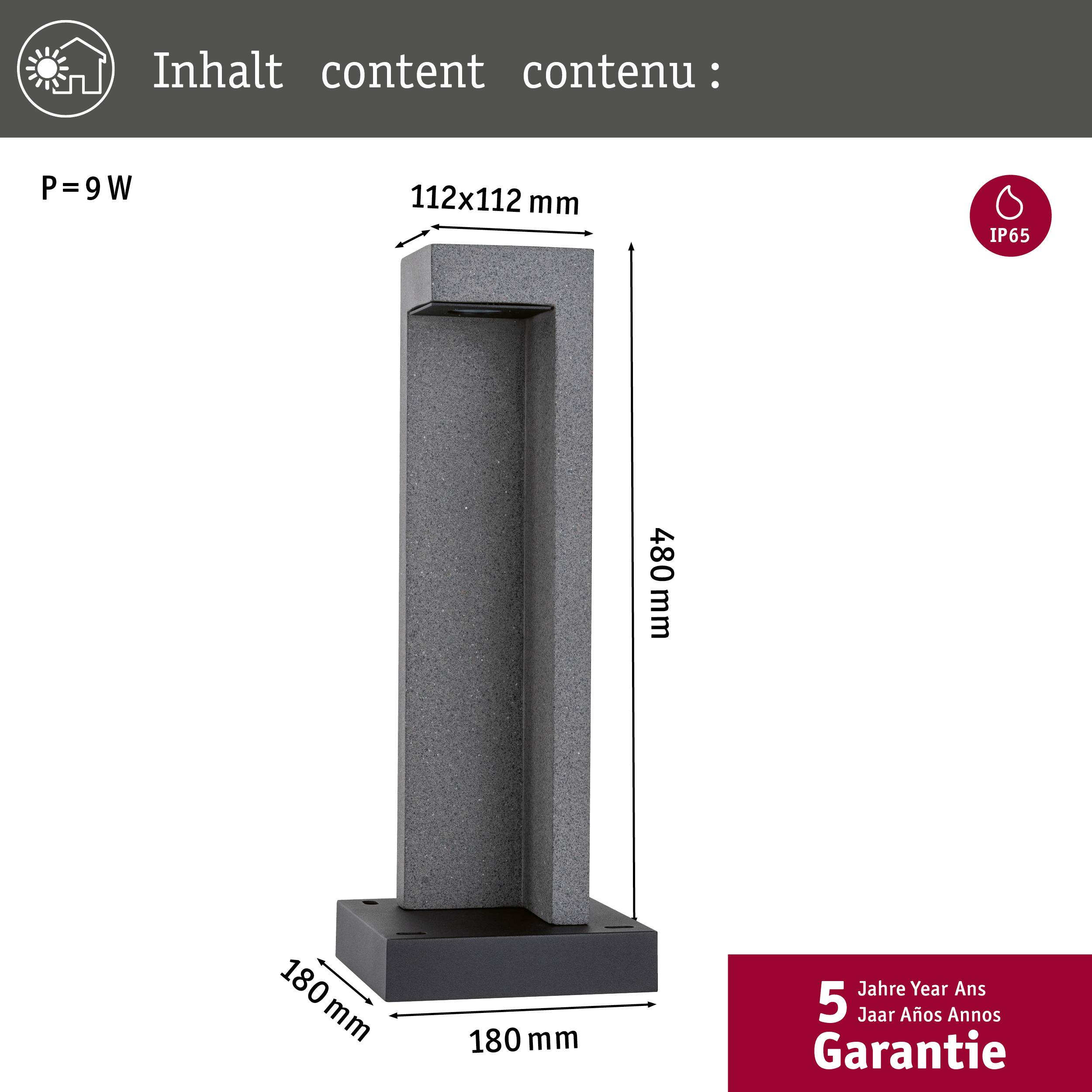 Lampa stojąca o wymiarach 480x180x180 mm. Moc: 9W, stopień ochrony: IP65. Pięć lat gwarancji.