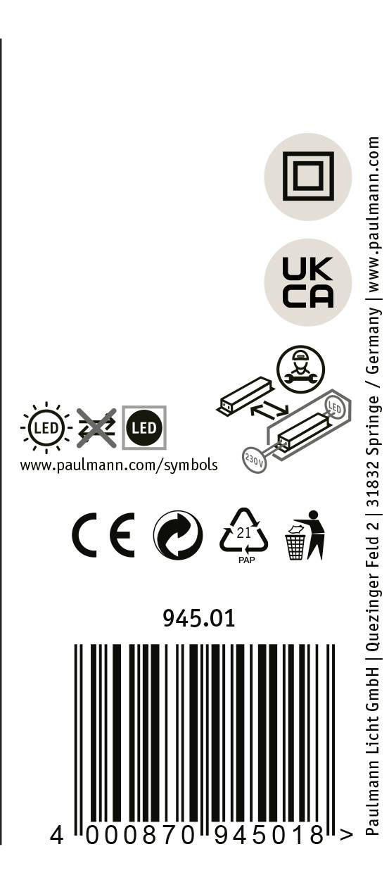 Symbole opraw LED z oznakowaniem CE i UKCA. Wskazówki dotyczące utylizacji oraz kod QR z dodatkowymi informacjami.