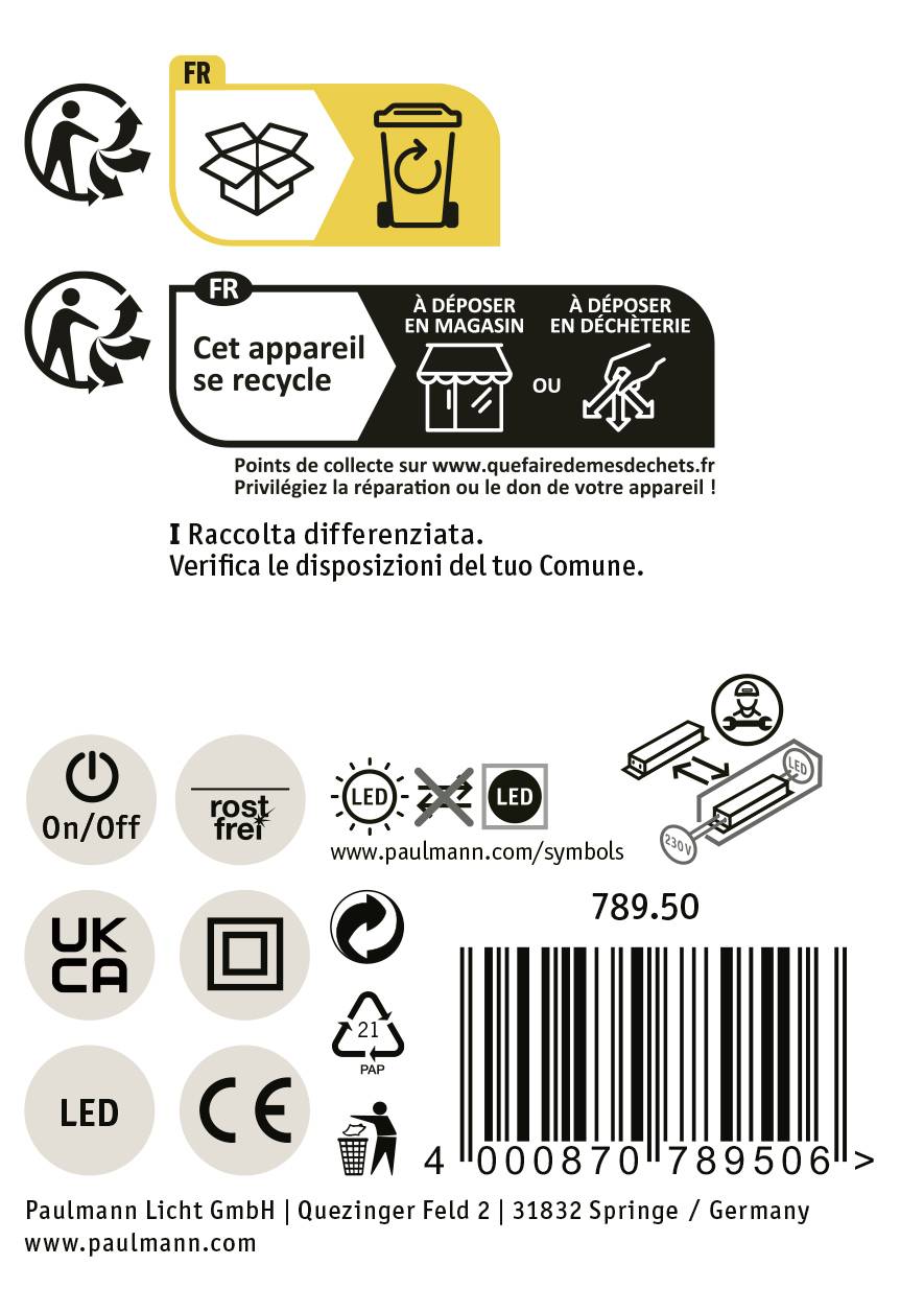 Urządzenie podlega recyklingowi. Prosimy zwrócić do punktu zbiórki. Symbole recyklingu, włącznika/wyłącznika, miejsca produkcji i dodatkowe informacje.