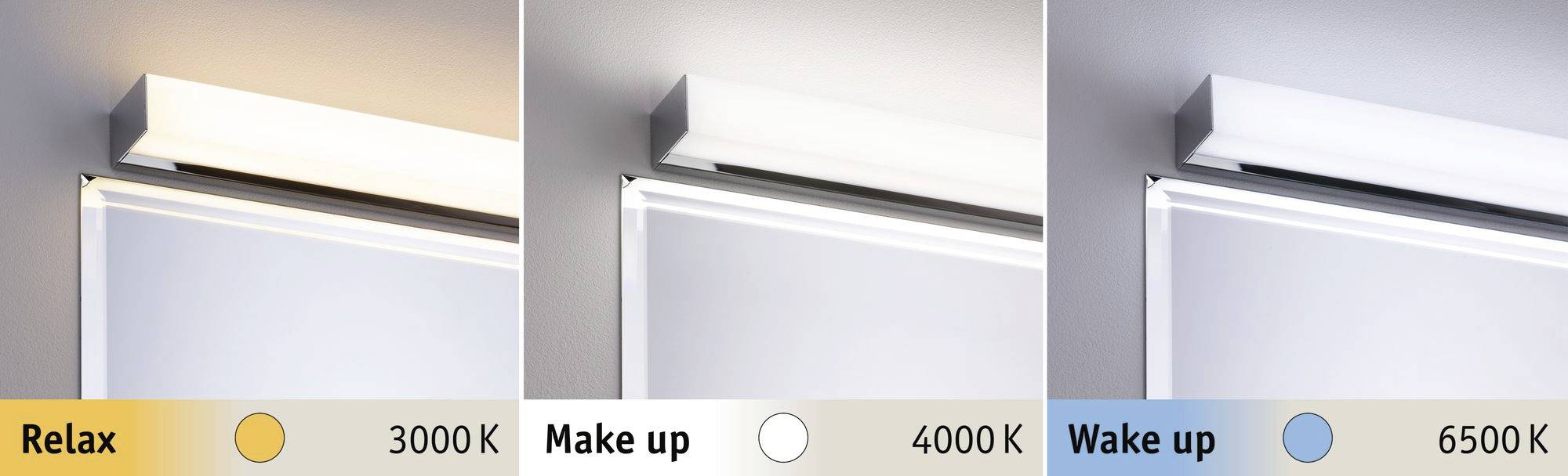 Trzy sceny świetlne lustra o różnej temperaturze barwowej: 'Relaks' 3000K, 'Makijaż' 4000K, 'Pobudka' 6500K.