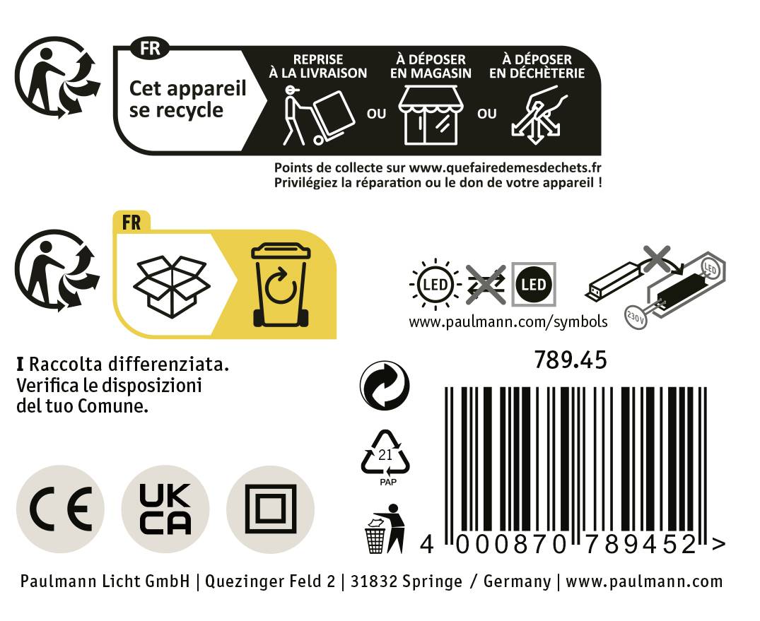 Etykieta z symbolami i tekstem dotyczącym segregacji odpadów. Instrukcje dotyczące utylizacji sprzętu elektrycznego w sklepach lub punktach recyklingowych.
