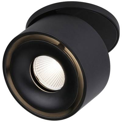 Czarna lampa sufitowa o kołowym kształcie, emitująca światło skierowane w dół. Nowoczesny wygląd do wnętrz.
