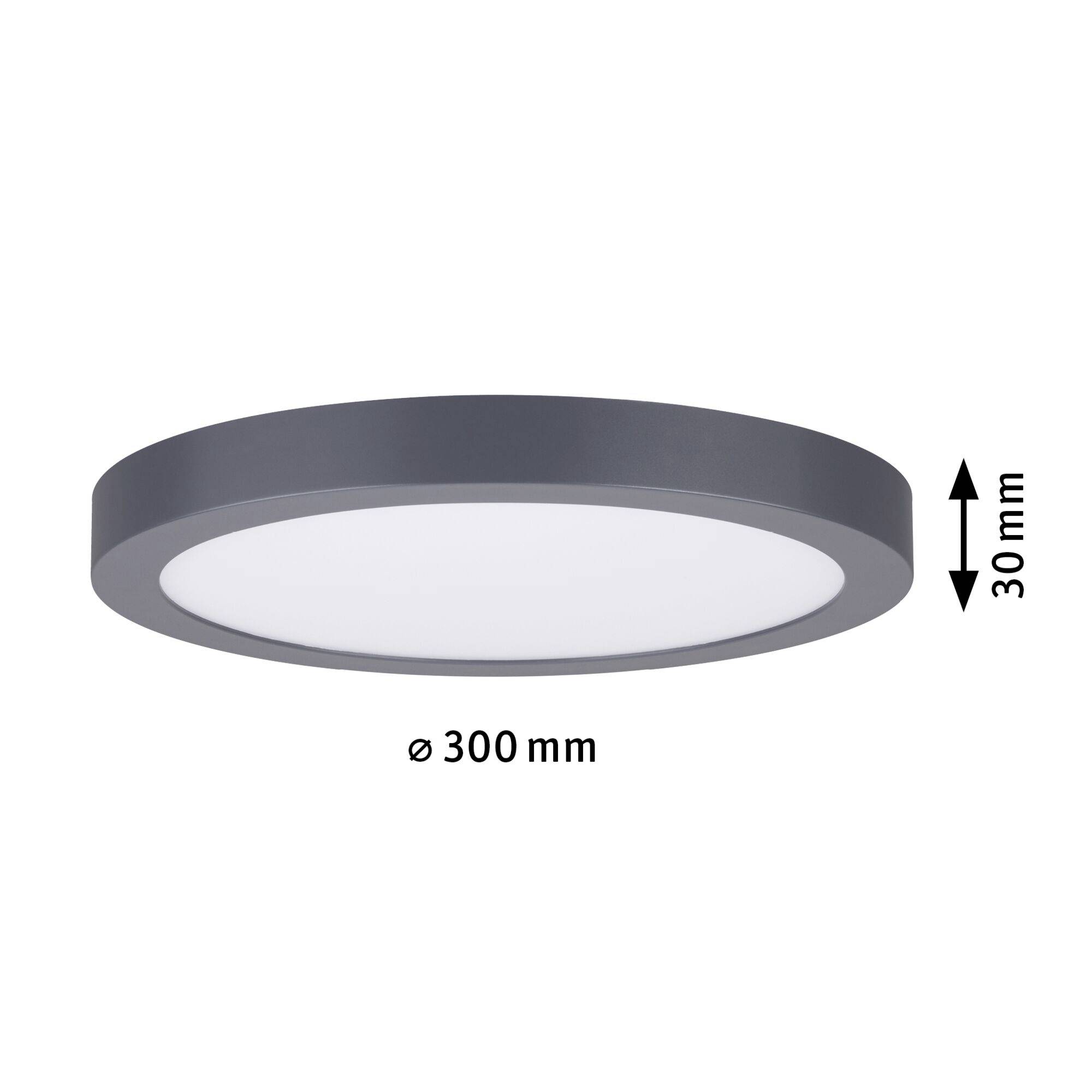 Okrągła lampa sufitowa o średnicy 300 mm, wysokości 30 mm, w ciemnym designie. Idealna do nowoczesnych wnętrz.