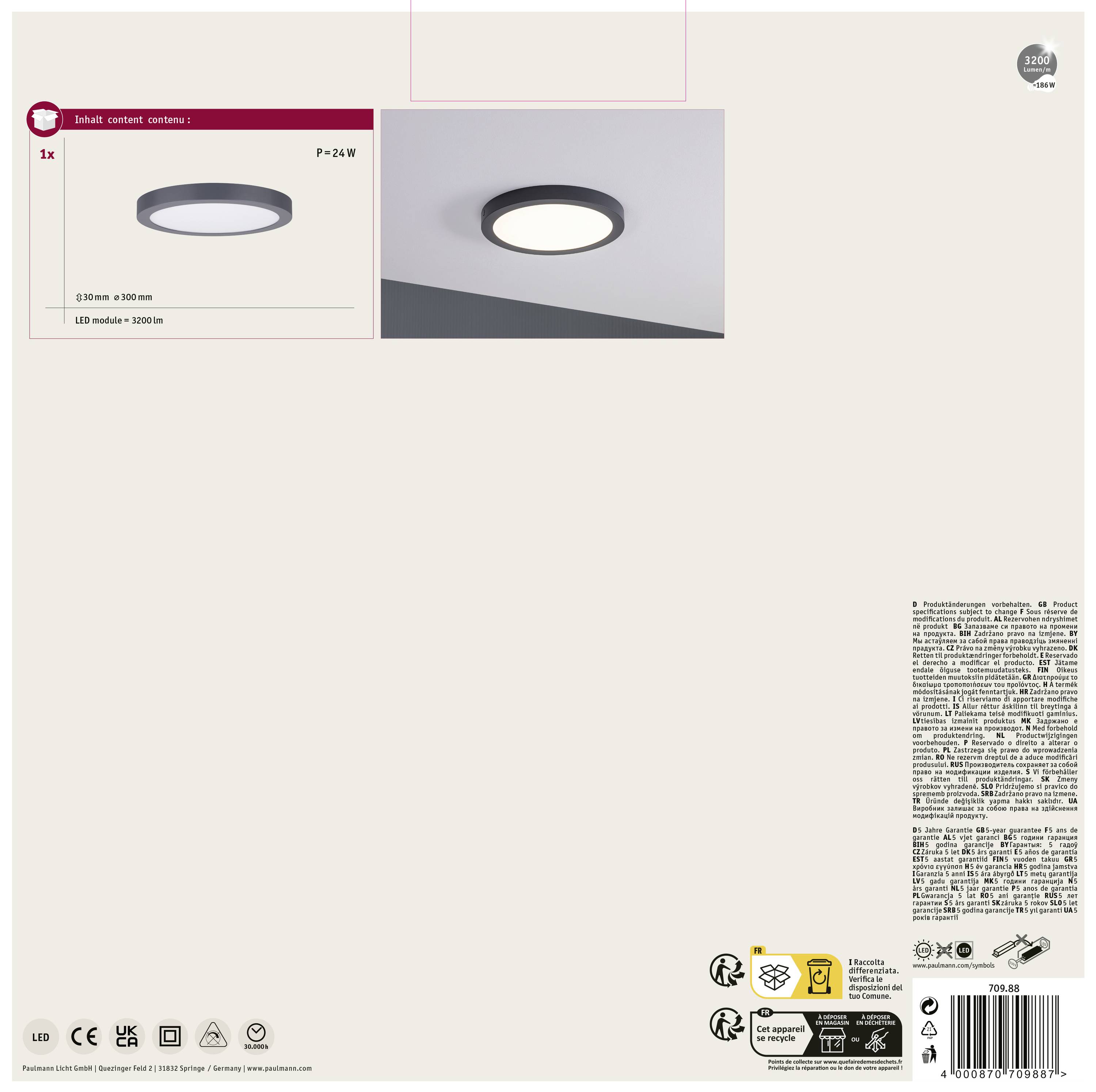 Lampa sufitowa LED, model P-24 W, 220 mm x 500 mm, 3200 lm, 3000 K, zoptymalizowana do pomieszczeń mieszkalnych.