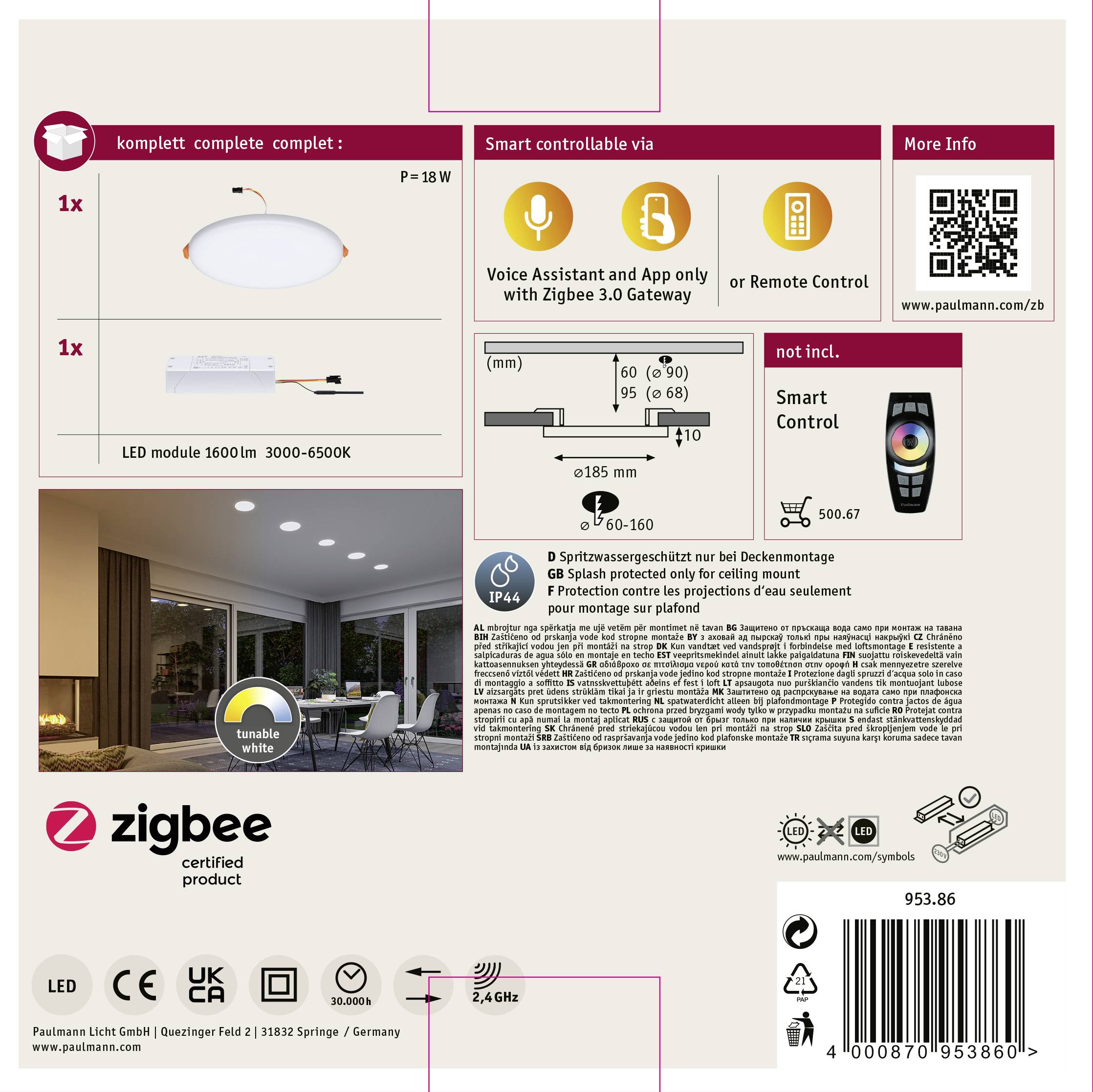 'Sufitowa lampa LED, 3000-6500K, sterowanie smart przez Zigbee, sterowanie głosowe, ściemnialna, w zestawie pilot.'