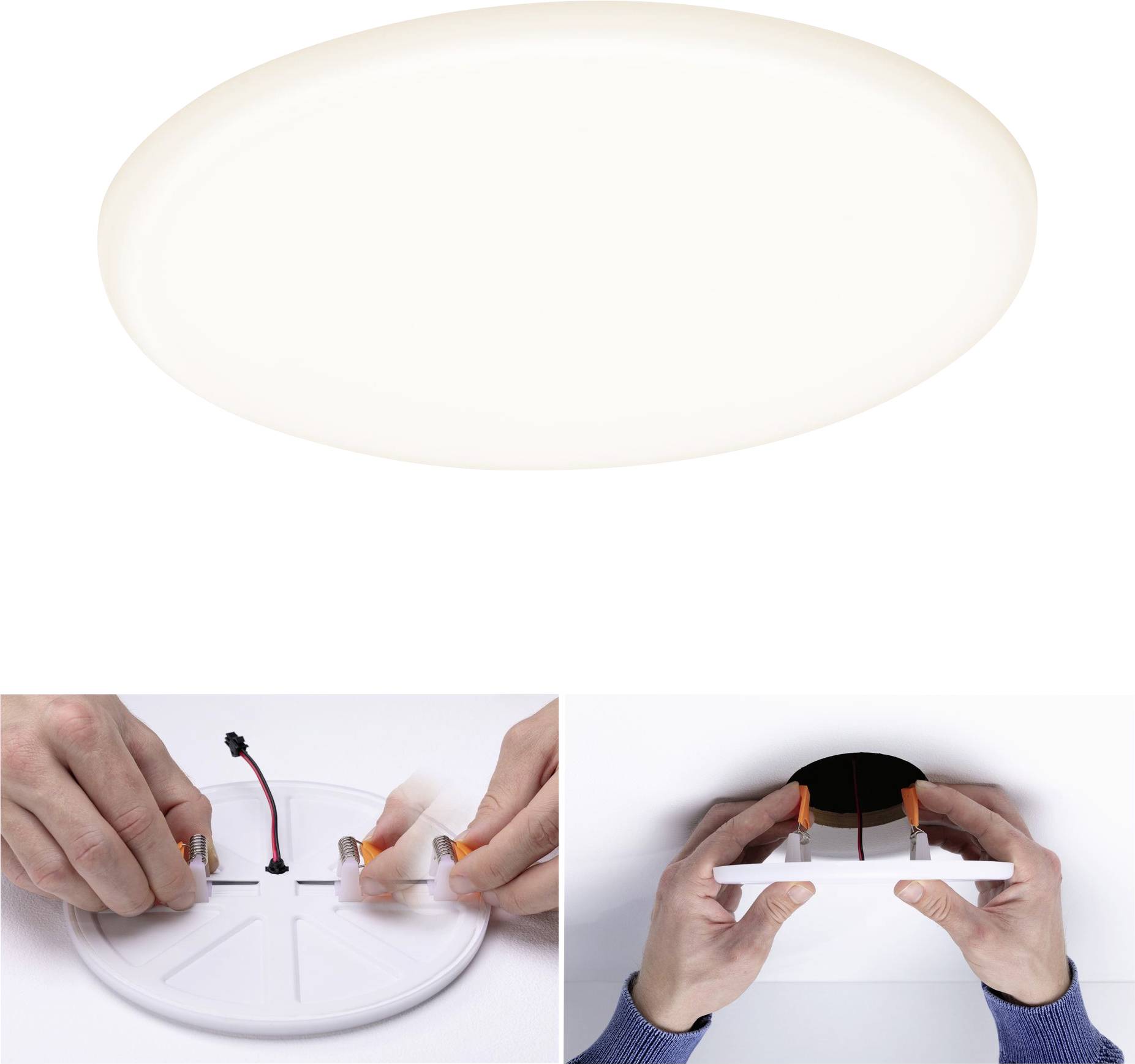 Góra: Okrągła, biała sufitowa lampa LED. Dół po lewej: Dłonie łączące przewody z oprawą. Dół po prawej: Osoba instalująca lampę na suficie.