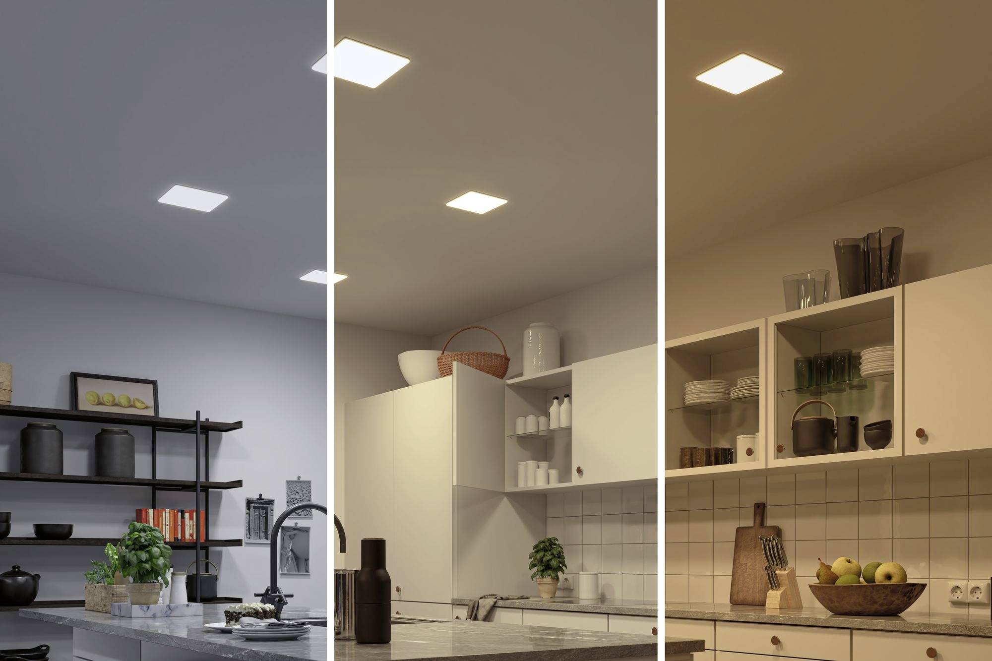 Trzy kuchnie o różnym świetle: po lewej chłodne, w środku neutralne, po prawej ciepłe. Oświetlenie wpływa na atmosferę pomieszczenia.