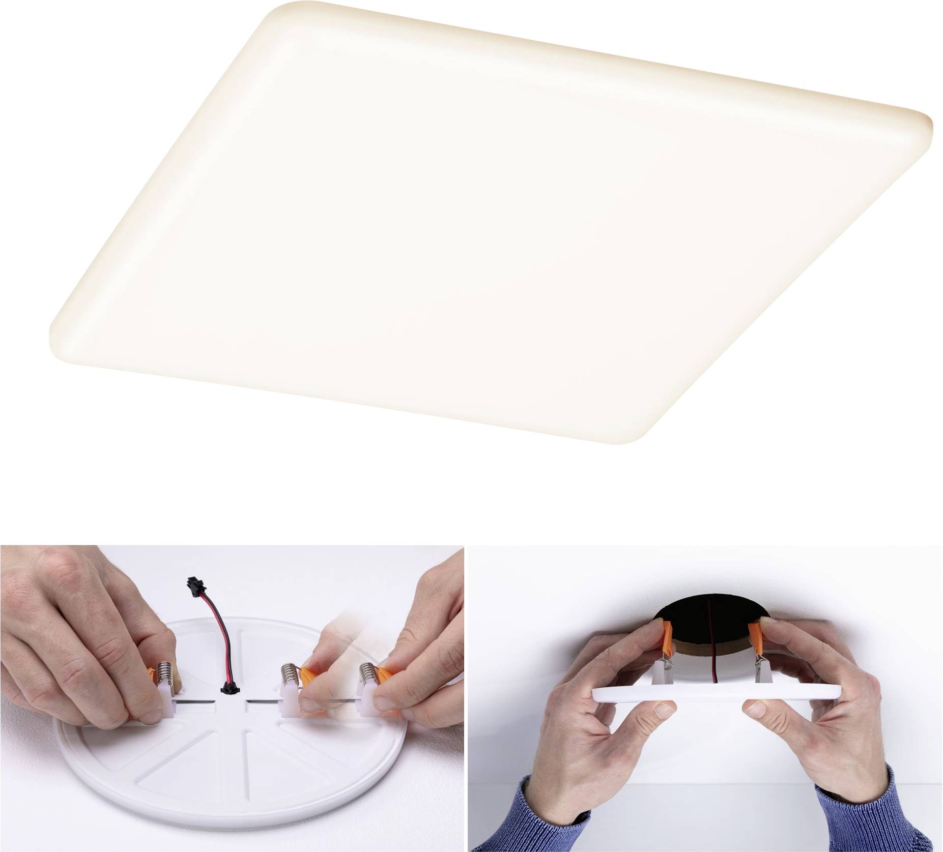 Oprawa sufitowa LED w kształcie kwadratu. Na górze: Lampa. Na dole: Zbliżenie instalacji z podłączeniem przewodów i ręcznym montażem.