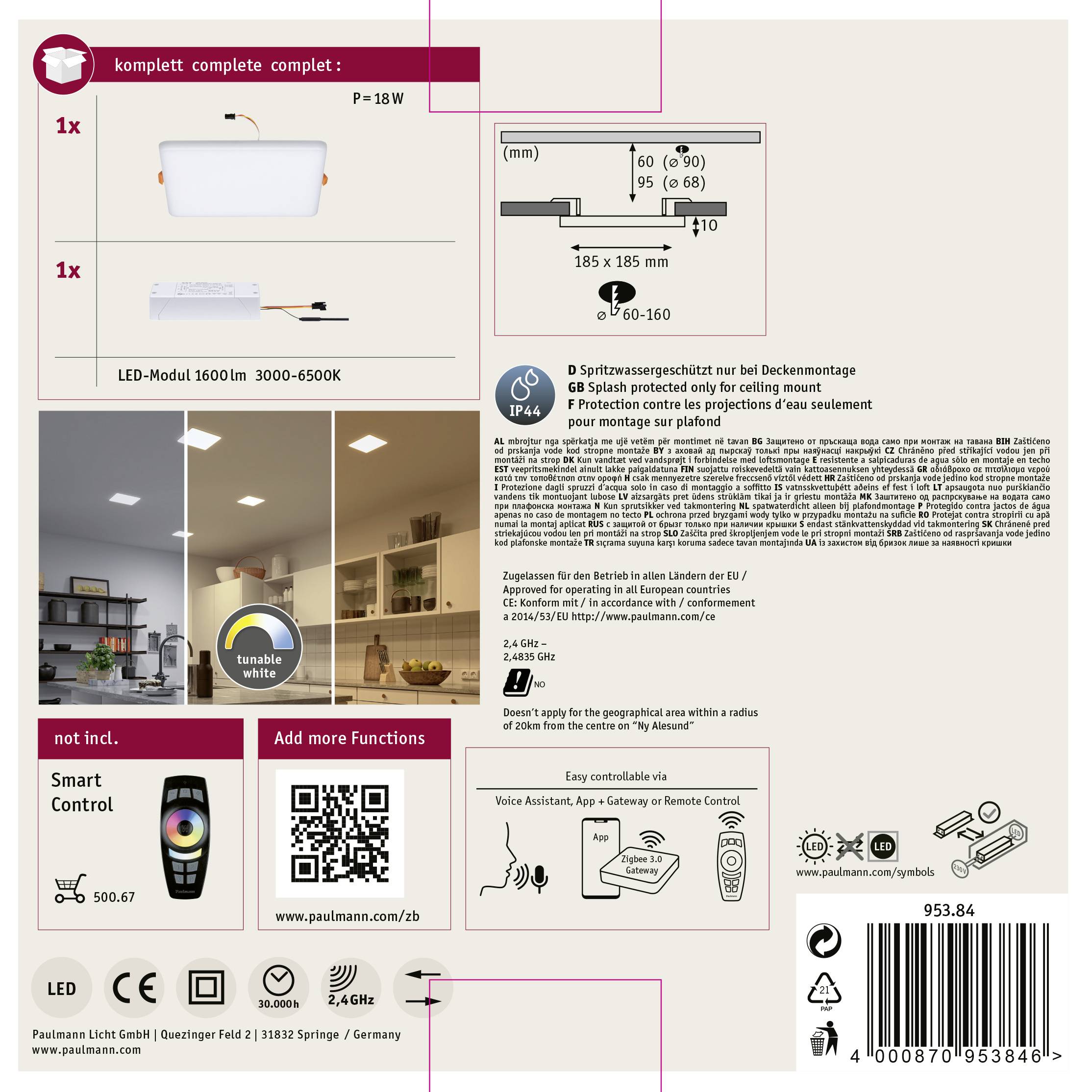 'Lampa sufitowa z modułem LED 1600 lm, 3000–6500K; w zestawie pilot do sterowania oświetleniem. Nadaje się do montażu sufitowego, IP44.'